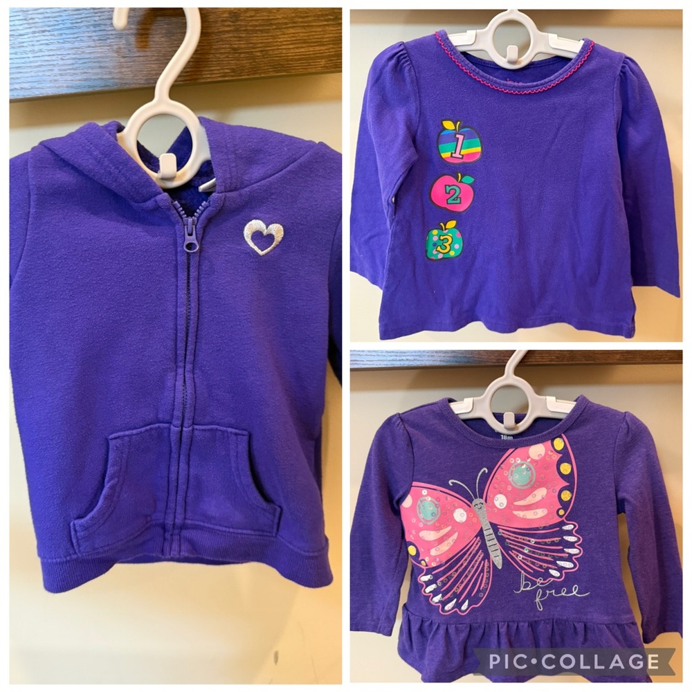 Jumping Beans Carter's Toddler Girls Purple Hoodie Shirts Bundle Size 18 M